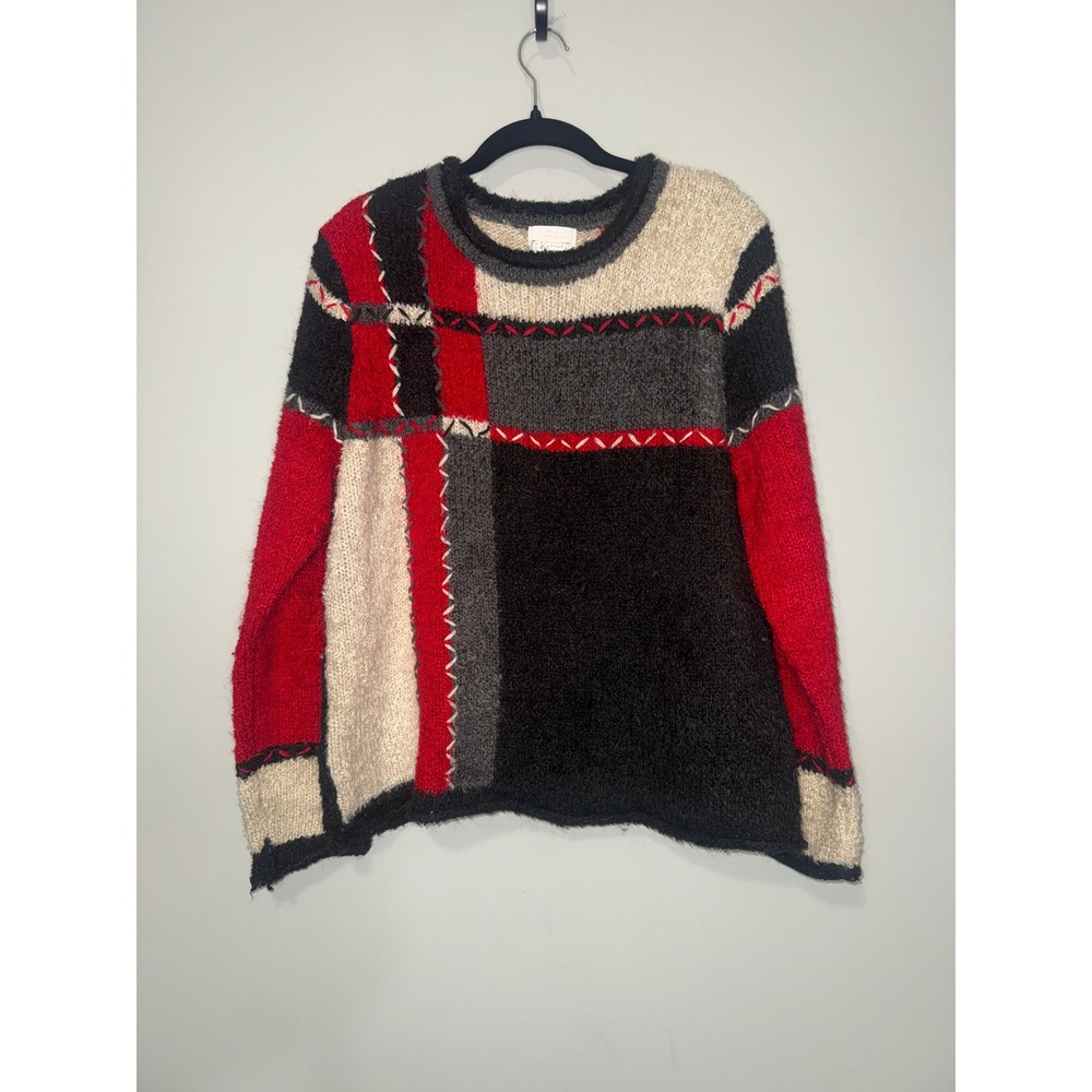 Christopher & Banks XL Red‎ Black Colorblock Hand Embroidered Fuzzy Knit Sweater